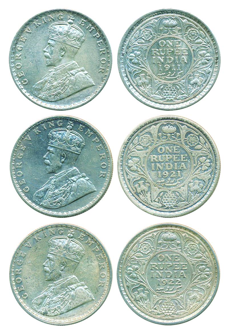 George V, Silver (3), Rupee, 1911, 1921 and 1922.Very Fine+, Scarce as a set of 3.