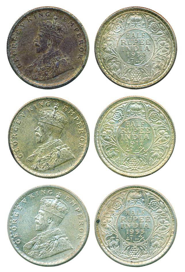 George V, Silver (3), ½ Rupee, 1917, 1933 and 1934.All UNC, Scarce. 3 coins