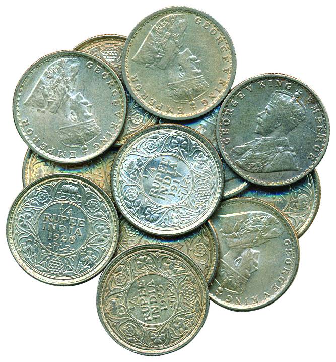 George V, Silver (12), ¼ Rupee, 1914, 1915, 1916, 1917, 1918, 1919, 1925, 1926, 1928, 1930