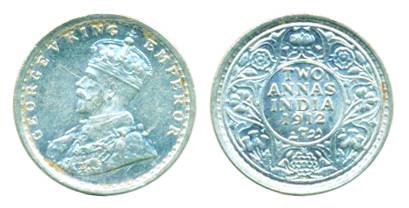 George V, Silver, 2 Anna, 1912, Bombay mint. UNC.