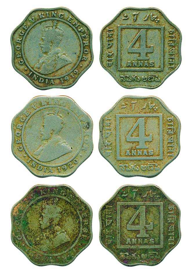 George V, Cupro-Nickel, 4 Annas, 1919, 1920 and 1921.Very Fine+, Scarce. 3 coins
