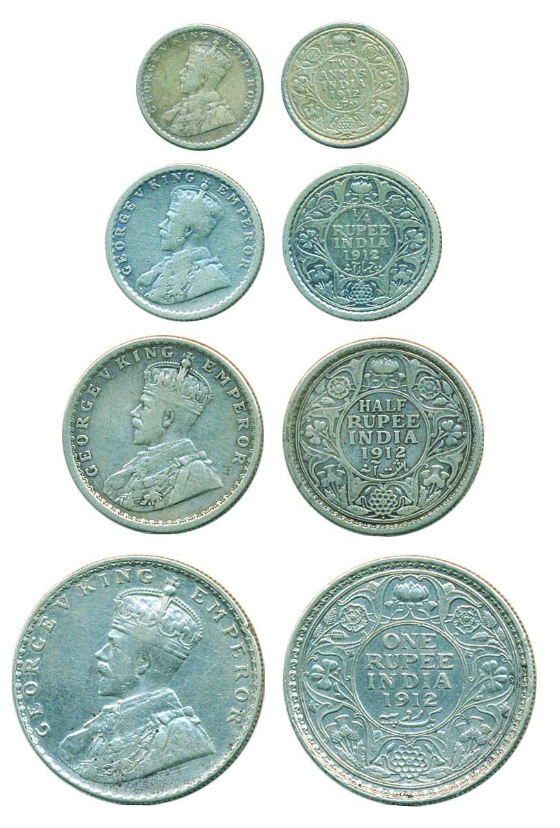 George V, Silver (4), Set of 4: Rupee, ½, ¼ Rupee and 2 Annas, 1912.Very Fine. 4 coins