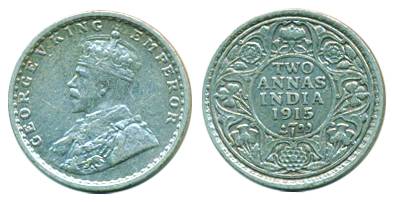 George V, Silver, 2 Annas, 1915, Bombay mint, dot mint mark. Very Fine.