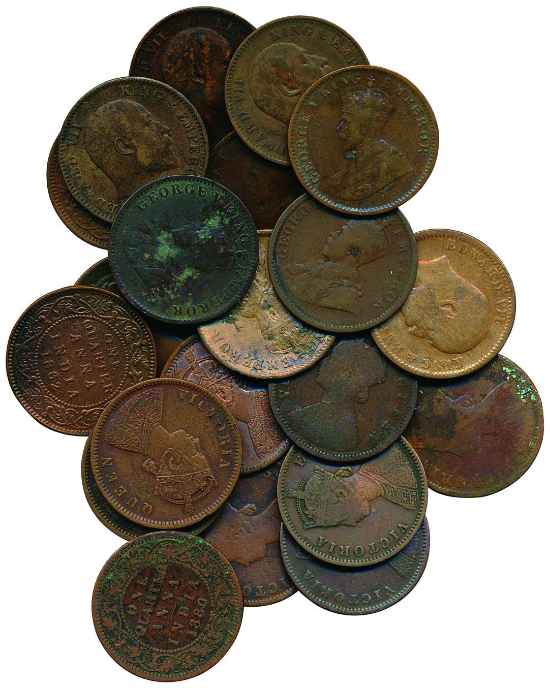 ¼ Anna, all different years from 1835 to 1942.Very Fine to About UNC, Scarce. 65 coins