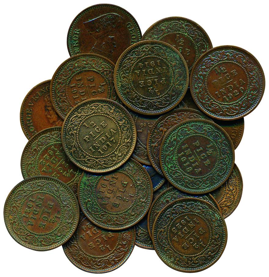 ½ Pice, all different years from 1853 to 1940 (except 1938).Very Fine to About UNC, Scarce