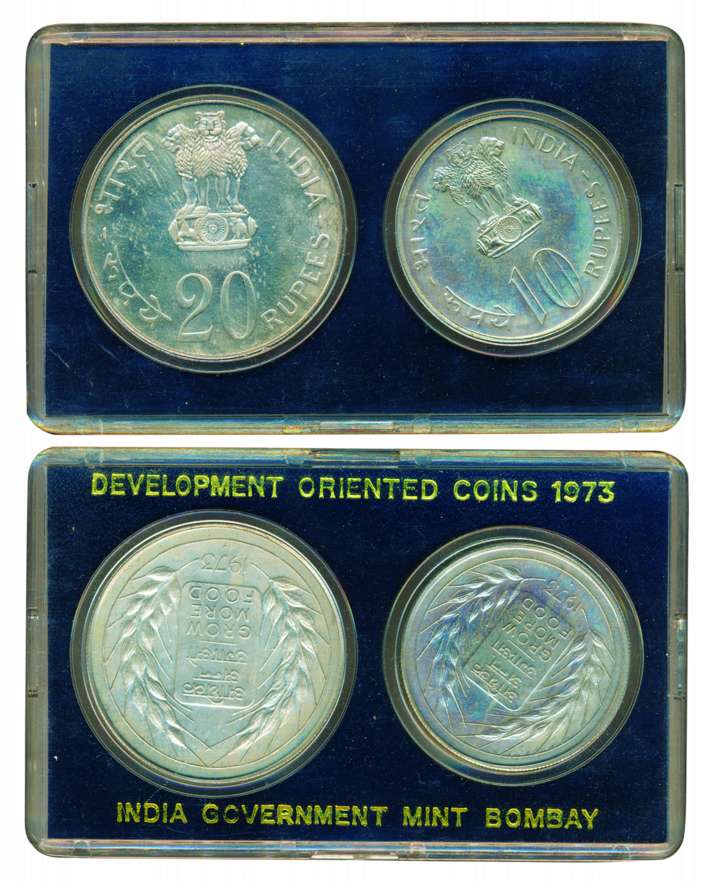 1973 UNC Set, Grow More Food, Rs. 20 and 10, Bombay mint (RB# 38). In box, Scarce.