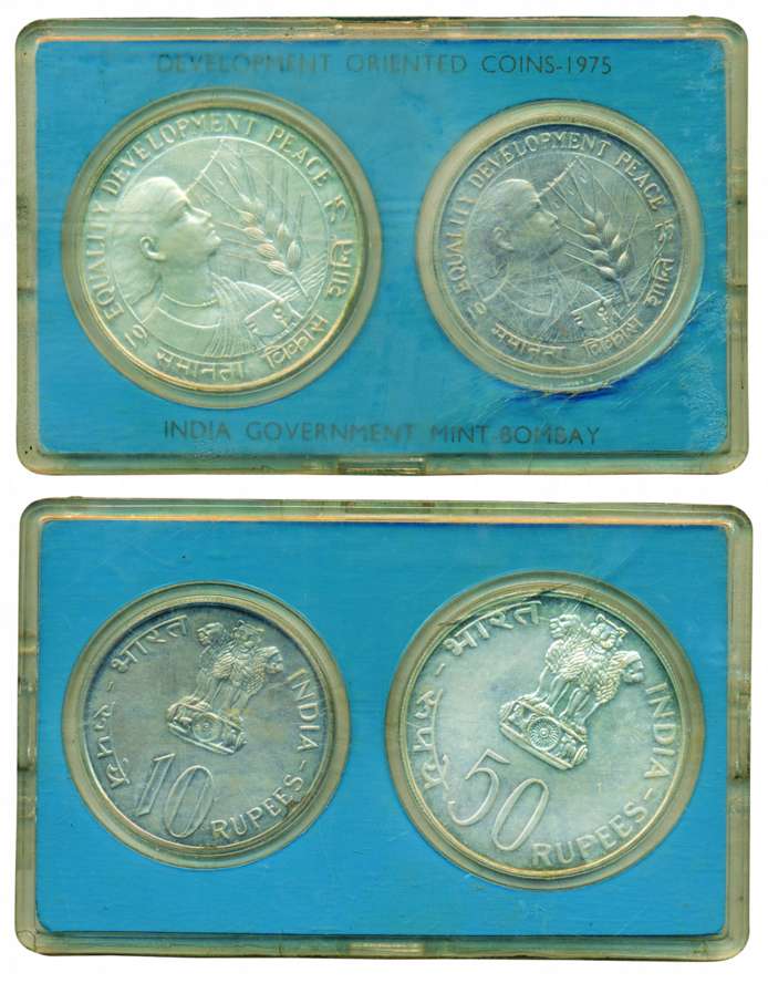 1975 UNC Set, Equality Development Peace, Rs. 50 and 10, Bombay mint (RB# 52). In original