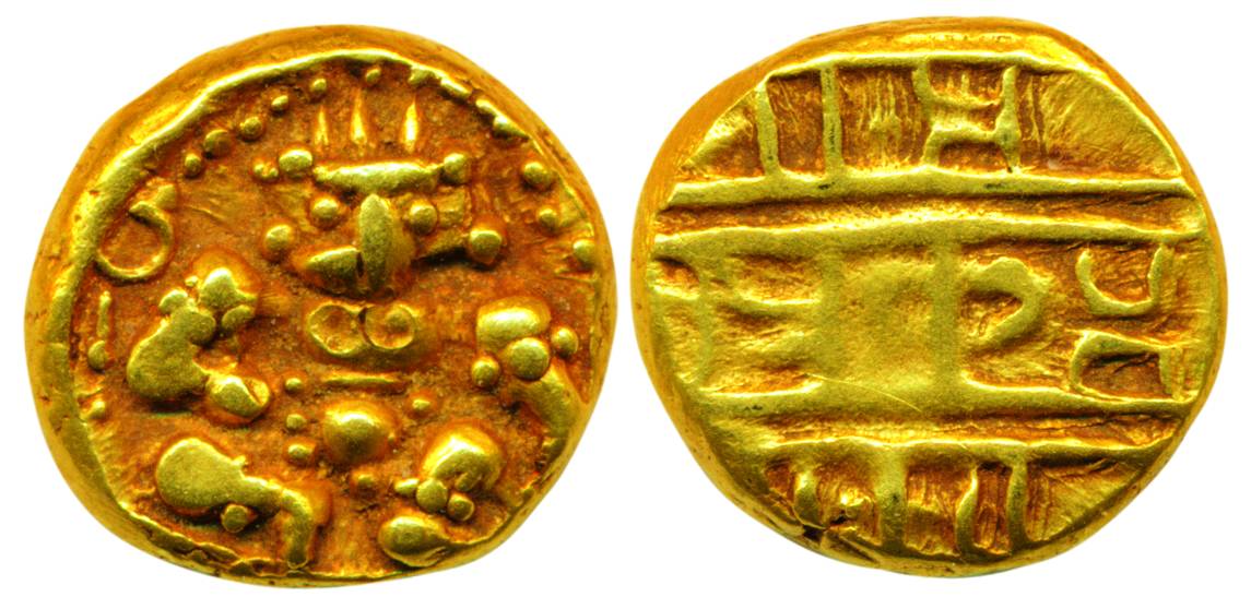 Nayakas of Chitradurga, Gold, 3.35 g, Durgi Pagoda, Krishna as BalGopala on obv.,Nagari le
