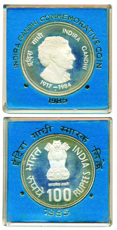 1985, Proof Set of Indira Gandhi 1917-1984, Bombay mint, Rs. 100 (RB# 112). In yellow card