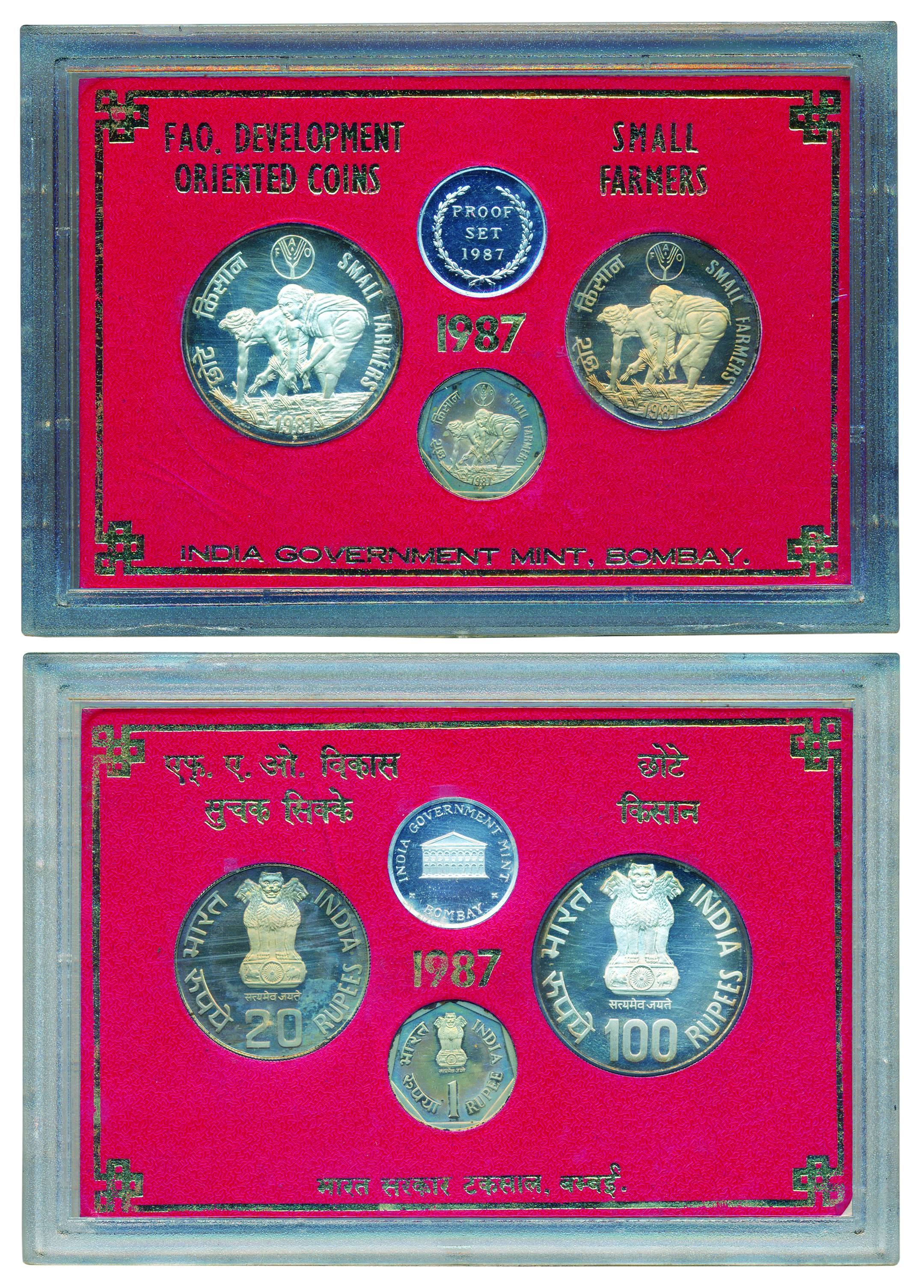 1987, Proof Set of Small Farmers, Bombay mint, Rs. 100, 20 & Re. 1(RB# 128). In red case, 