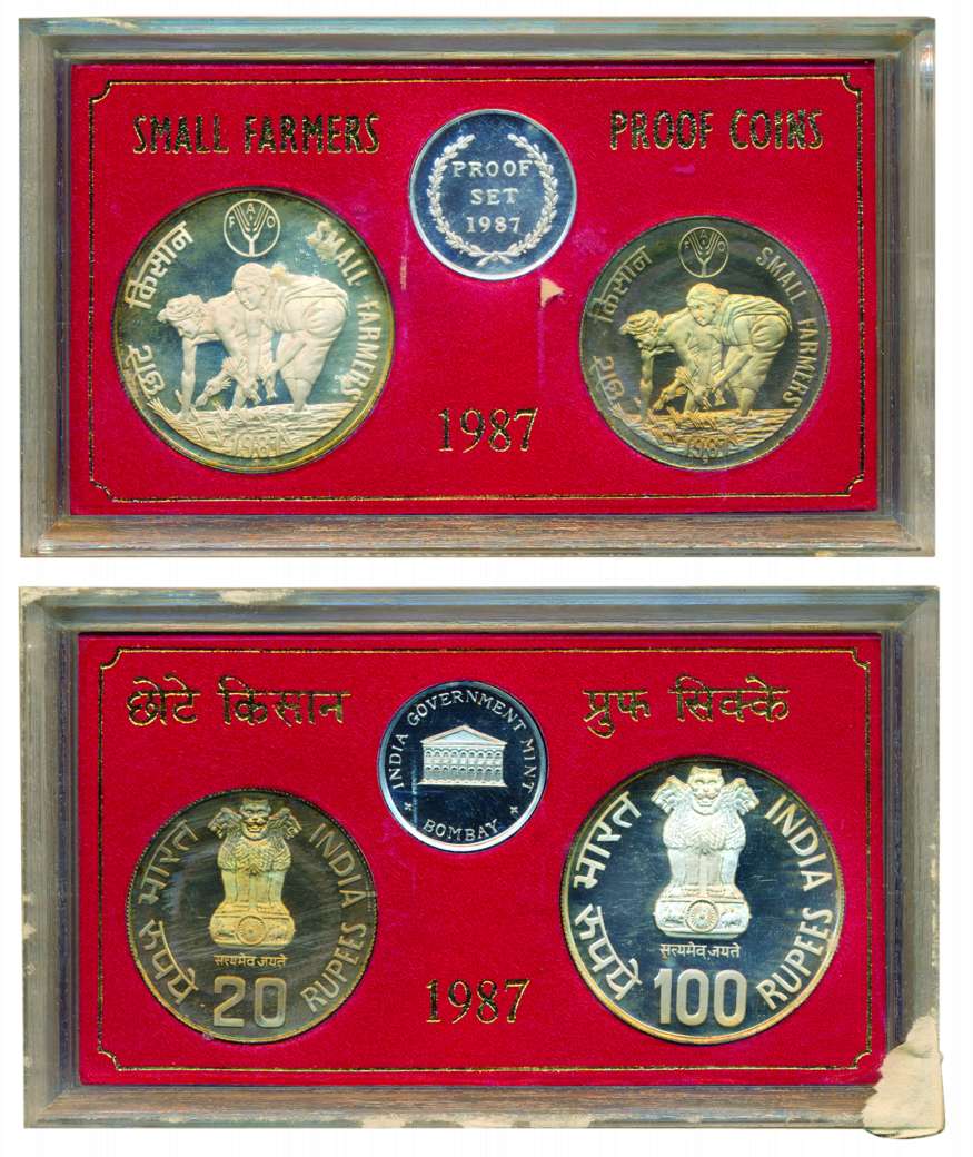 1987, Proof Set of Small Farmers, Bombay mint, Rs. 100 & 20 (RB# 129). In maroon case but 