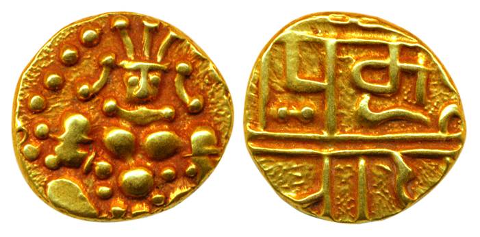 Nayakas of Chitradurga, Gold, 3.31 g, Durgi Pagoda, Krishna as BalGopala on obv.,Nagari le