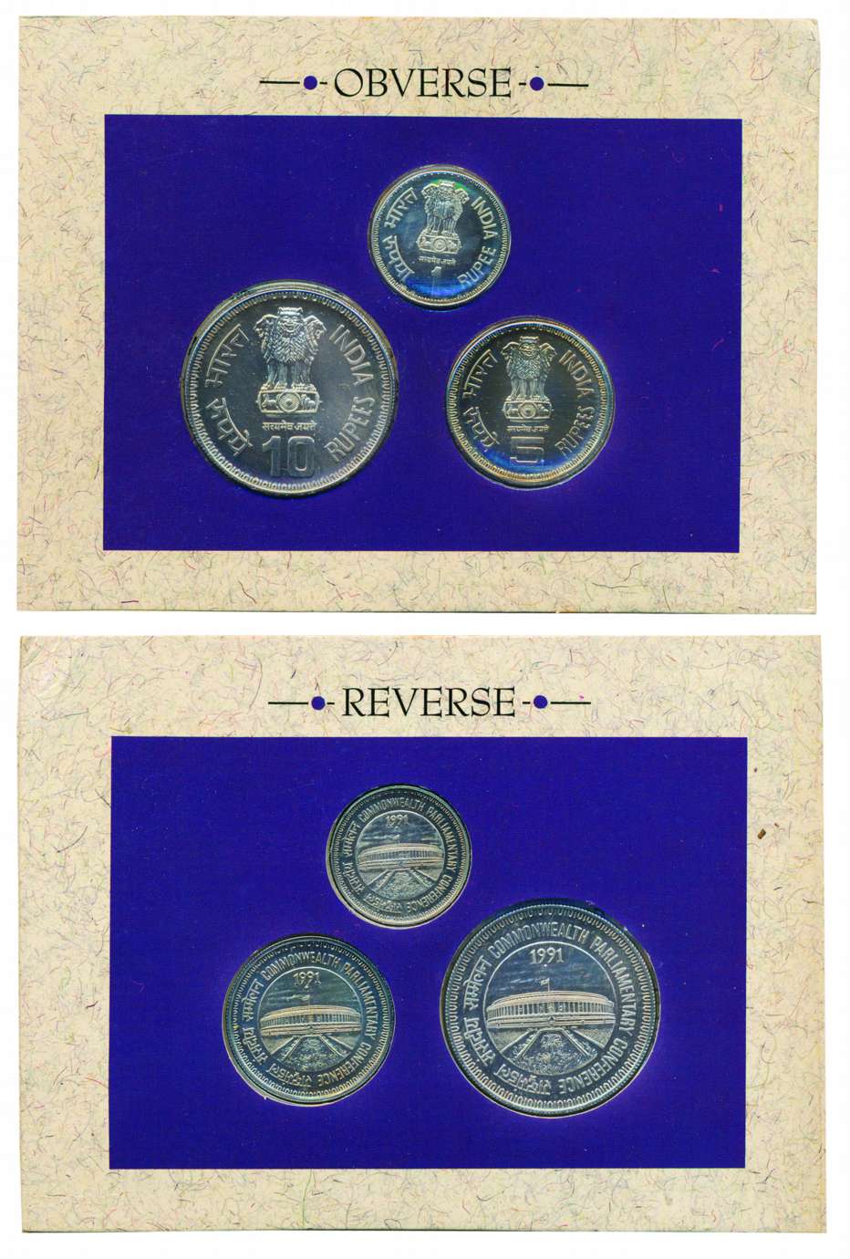 1991, UNC Set of 37th Commonwealth Parliamentary Conference, Set of 3 coins, Rs. 10, 5 & R