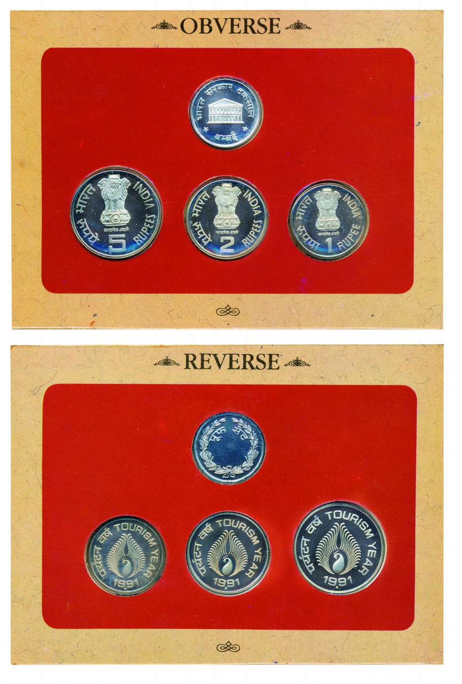1991, Proof Set of India Tourism Year, Set of 3 coins, Rs. 5, 2 & Re. 1, Bombay mint (RB# 