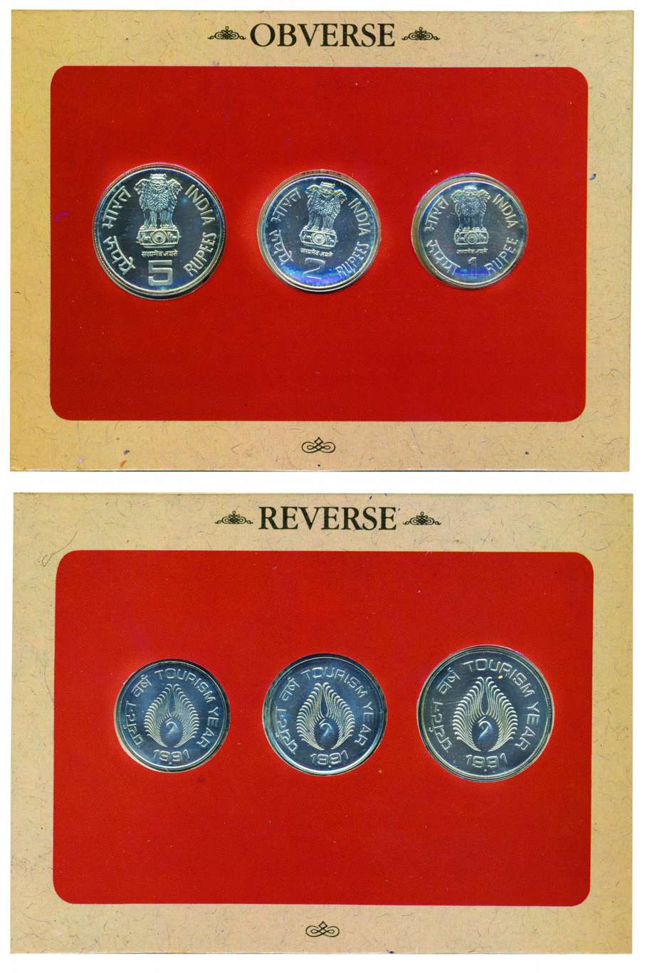 1991, UNC Set of India Tourism Year, Set of 3 coins, Rs. 5, 2 & Re. 1, Bombay mint (RB# 15