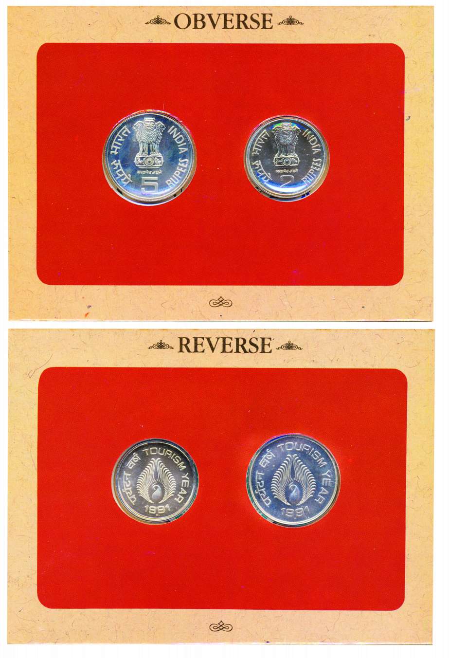 1991, UNC Set of India Tourism Year, Set of 2 coins, Rs. 5 & 2, Bombay mint (RB# 154).Scar