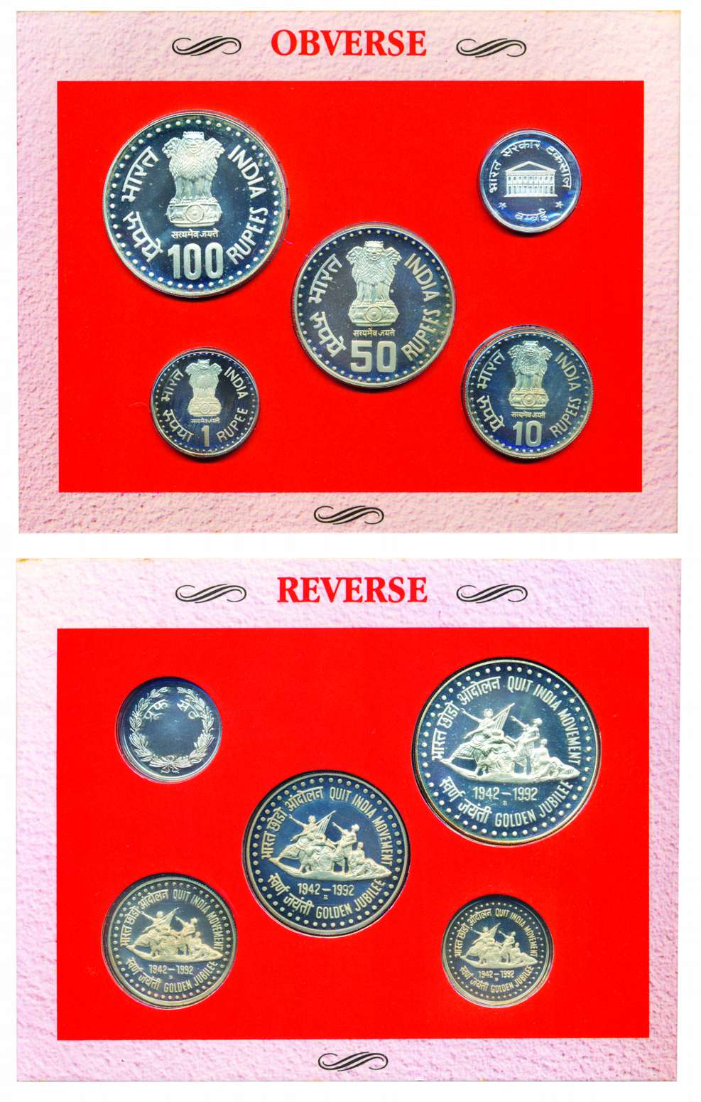 1992, Proof Set of Quit India Movement (1942-1992), Set of 4 coins, Rs. 100, 50, 10 and Re