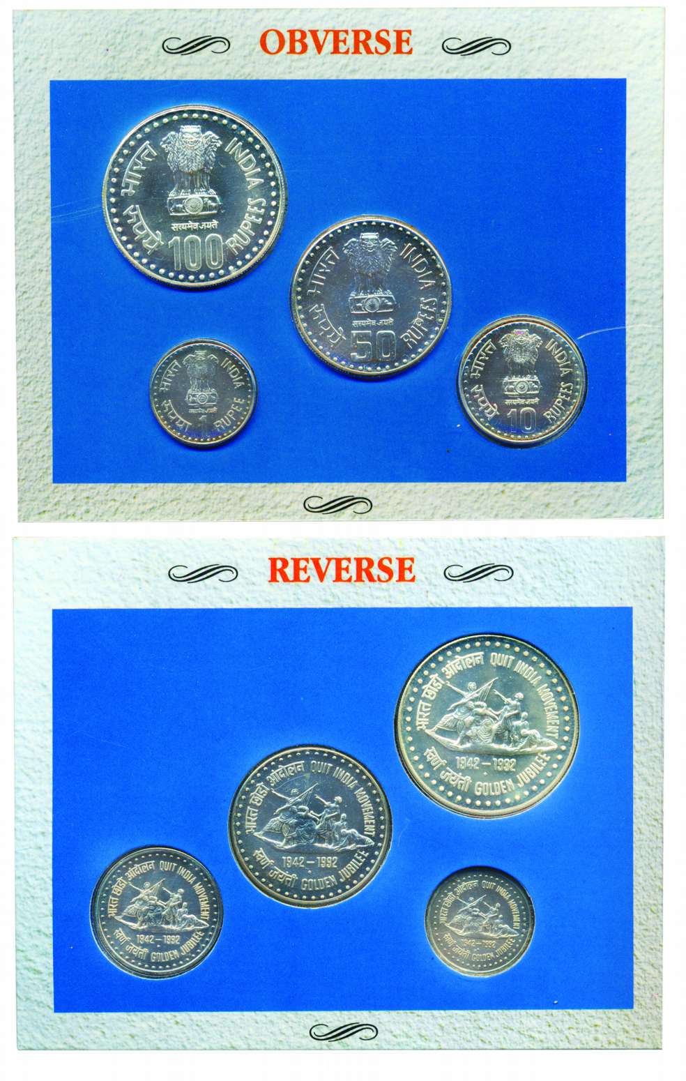 1992, UNC Set of Quit India Movement (1942-1992), Set of 4 coins, Rs. 100, 50, 10 and Re. 