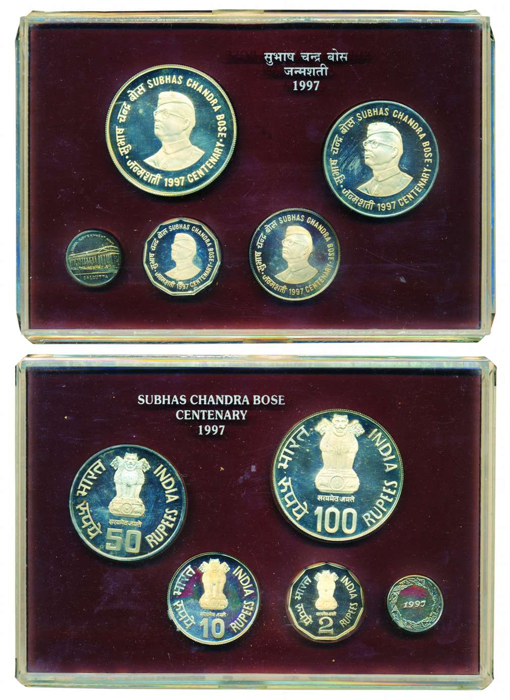 1997, Proof Set of NetajiSubhas Chandra Bose (1897-1997), Set of 4 coins, Rs. 100, 50, 10 