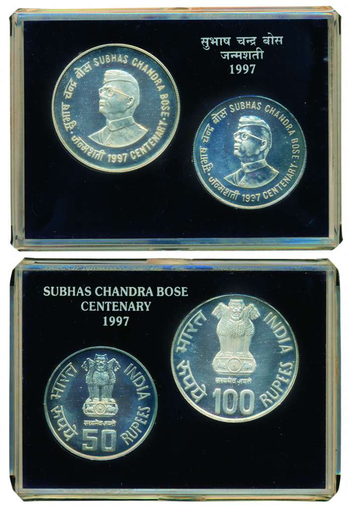 1997, UNC Set of Netaji Subhas Chandra Bose (1897-1997), Set of 2 coins, Rs. 100 &amp; 50,