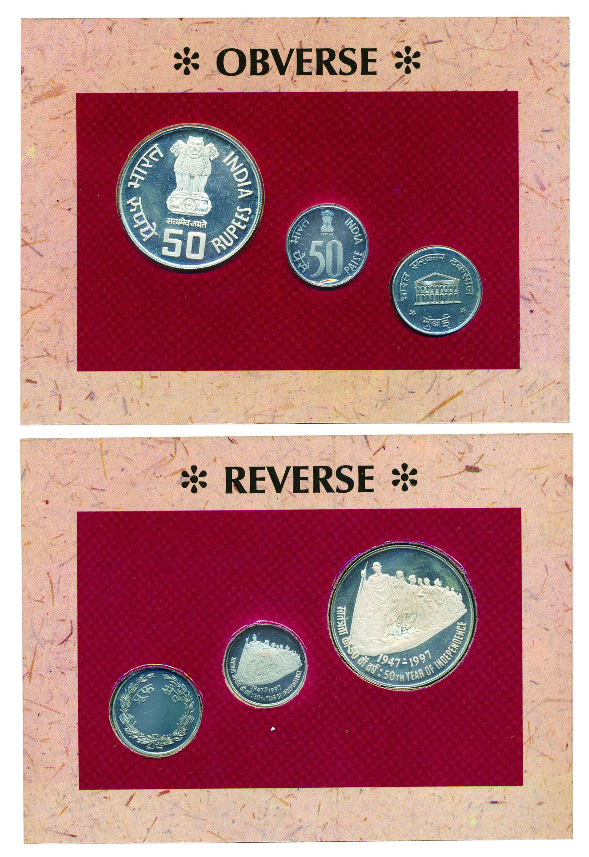 1997, Proof Set of 50th Anniversary of India’s Independence (1947-1997), Set of 2 coins, R