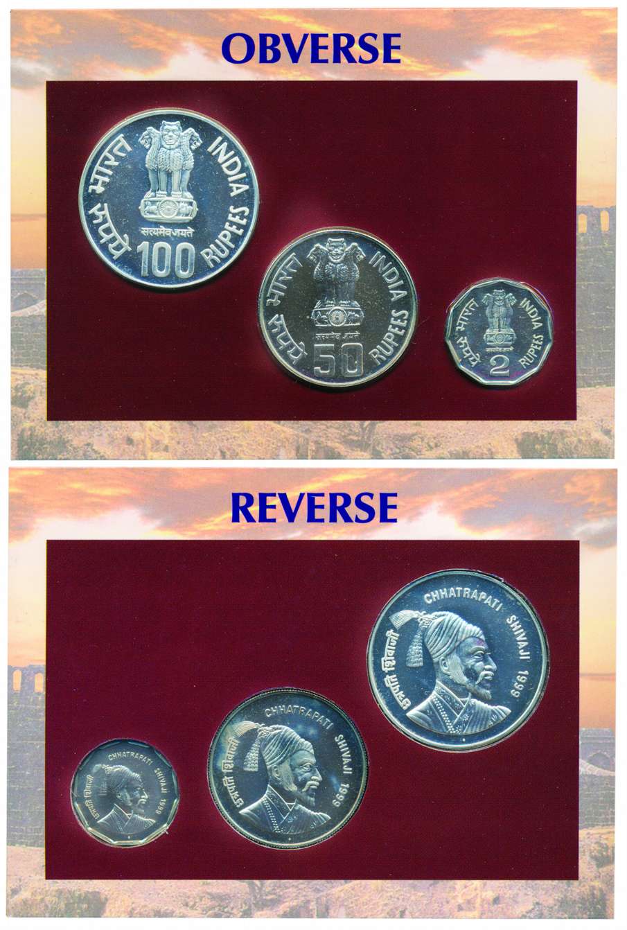 1997, UNC Set of Chhatrapati Shivaji, Set of 3 coins, Rs. 100, 50 and 2, Mumbai mint (RB# 