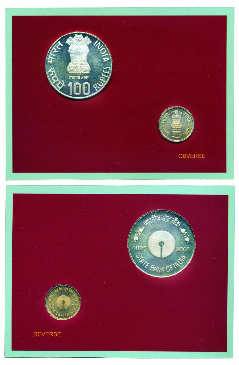 2006 Proof Set, 200 Years of State Bank of India 1806-2006, Rs. 100 & 5, Kolkata mint (RB#