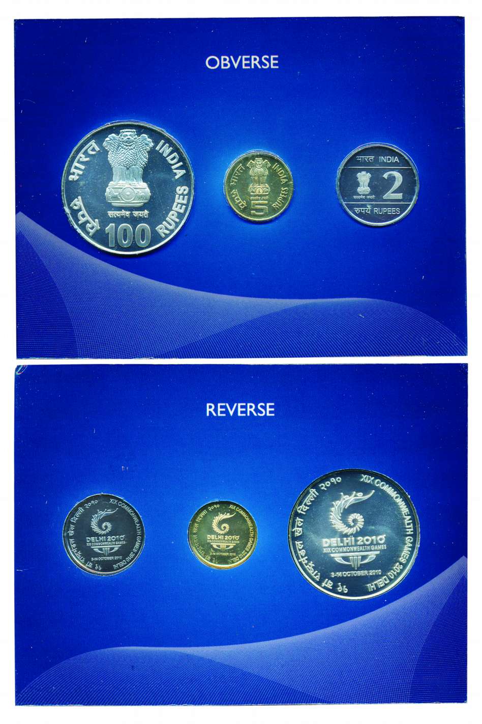 2010 UNC Set, XIX Commonwealth Games Delhi 2010, Rs. 100, 5 & 2, Kolkata mint (RB# 372).