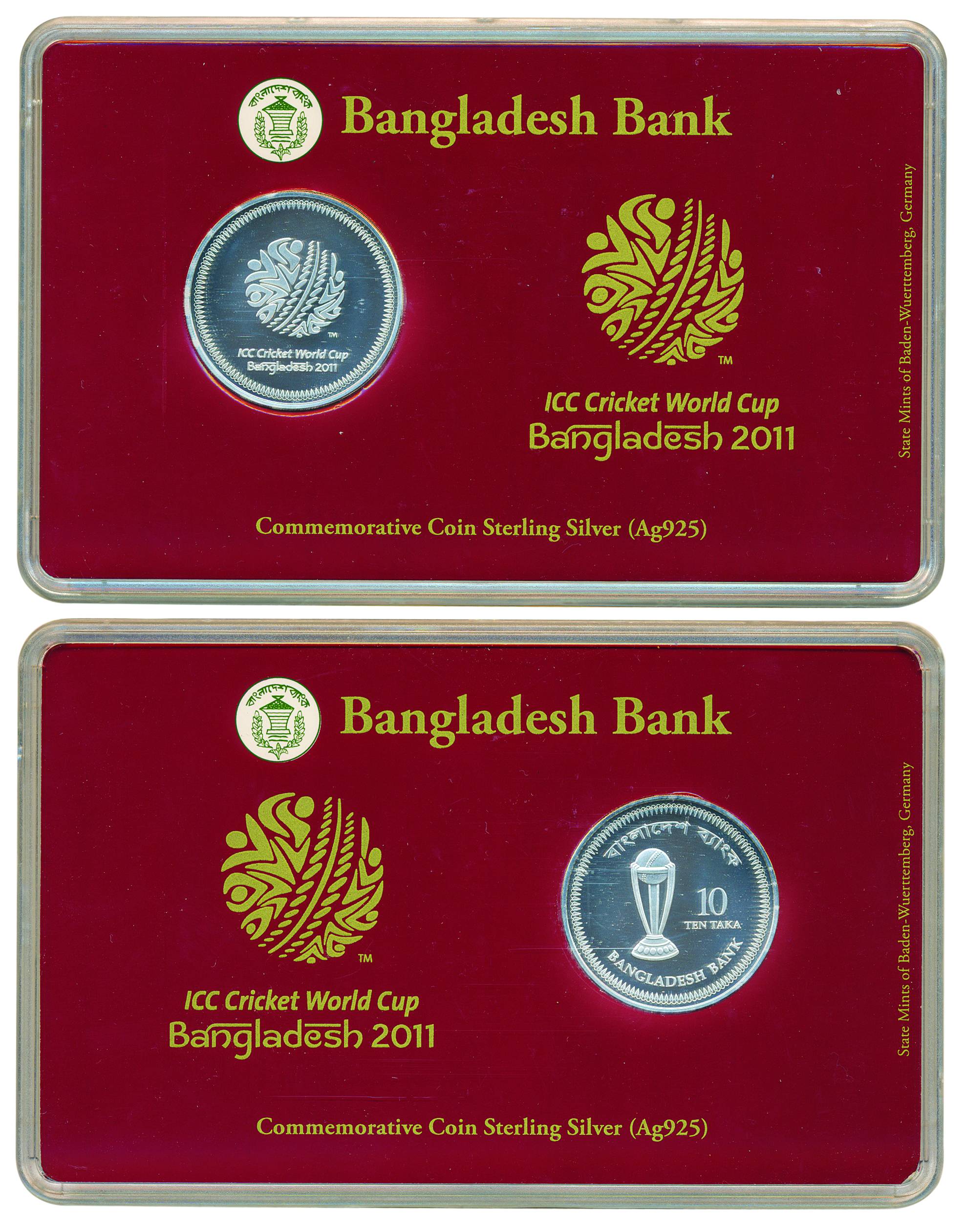 Bangladesh, Silver, 10 Taka, 2011, ICC Cricket World Cup Commemorative issue, minted at Ge