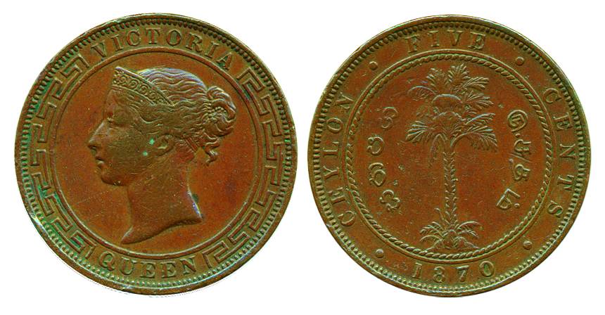 Ceylon, Victoria, Copper, 5 Cents, 1870, portrait on obv, palm tree and value on rev. Abou
