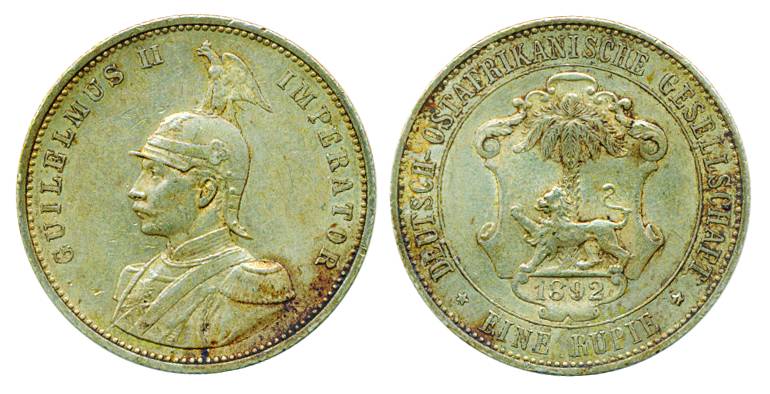German East Africa, Guilelmus II, Silver, Rupee, portrait on obv, arms on rev, 1892.About 