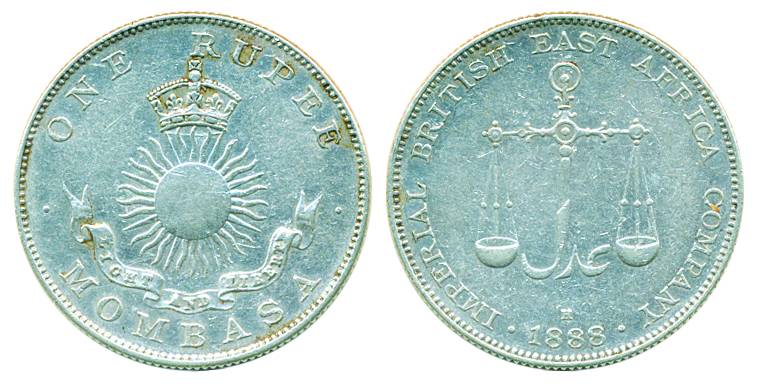 Mombasa, Imperial British East Africa Company, Silver, Rupee, 1888 H, PersainAdal and Scal