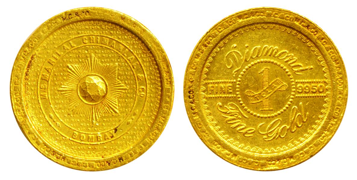 Old 1 Tola Token, Gold, 11.69 g, ManilalChimanlal& Co., Bombay, 9950 Fine, Diamond type, p
