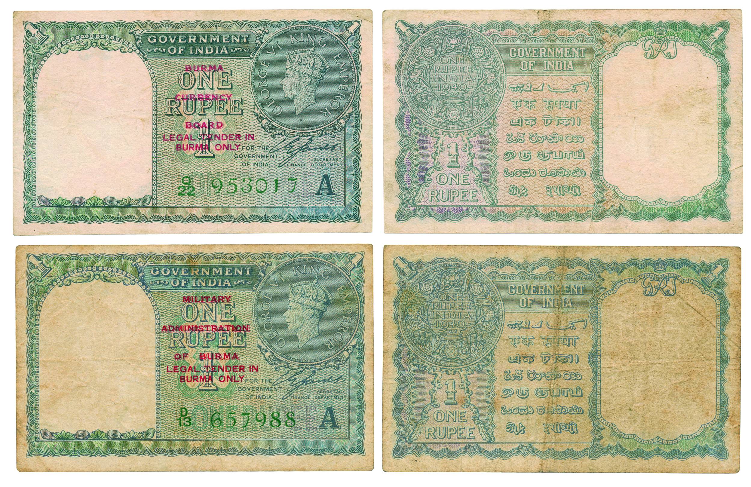 George VI, 1 Rupee, Sign C E Jones, Military Administration of Burma Series, Inset A, Seri
