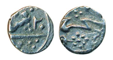 Muhammad Shah, Silver, 0.32 g, 1/32 Rupee, Khujista Bunyad mint, RY 20 (KM A431). Very Fin