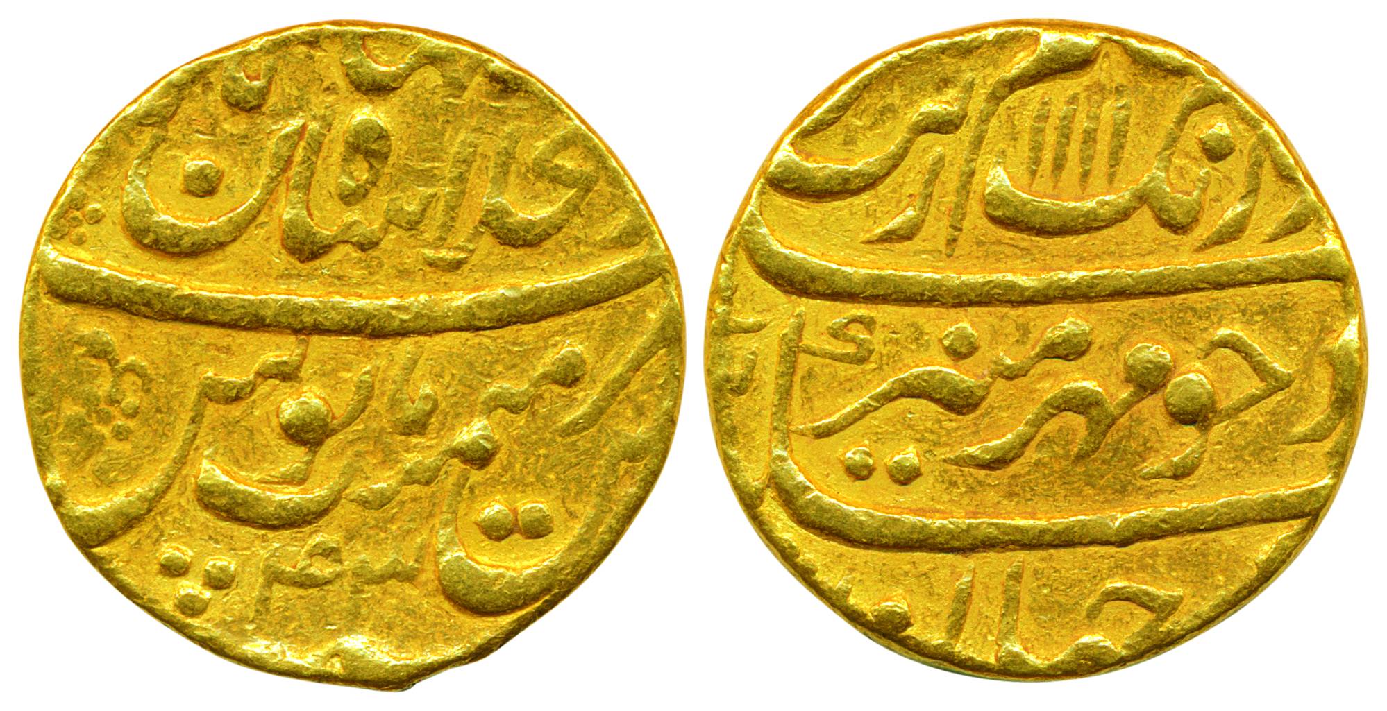 Aurangzeb, Gold, 10.87 g, Mohur, Shahjahanabad, Dar ul Khilafat mint, mint name at top on 
