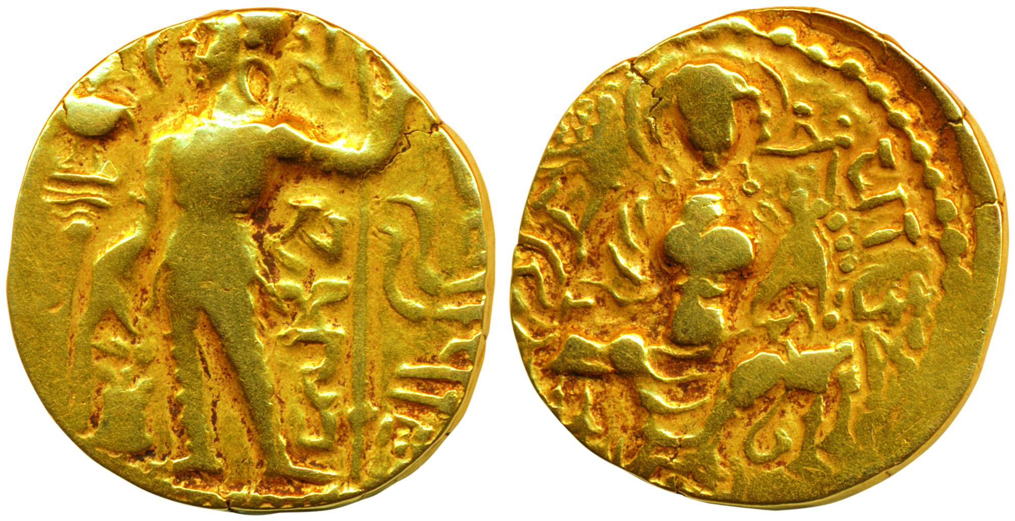 Guptas, Samudragupta (AD 350-375), Gold, 7.54 g, Dinar, Standard type, king nimbate standi