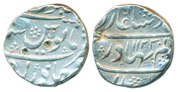 Shah Alam I, Silver, Rupee, Bahadurgadh mint, mint name at bottom onrev, AH 1123 (KM 348.1