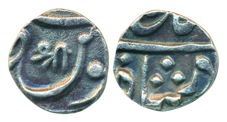 5 Mominabad urf Chakan Mint, Silver, ¼ Rupee, in the name of Shah Alam II, Shri in Nagari 