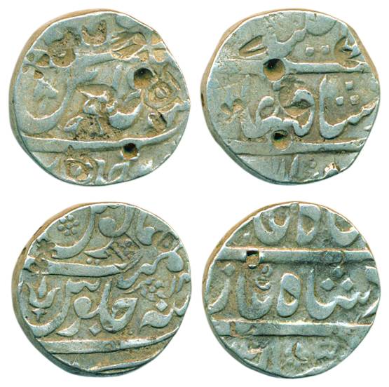 Silver (2), Rupee, Chinchwad Mint, mint name partly visible at bottom on rev.; Arkat mint,