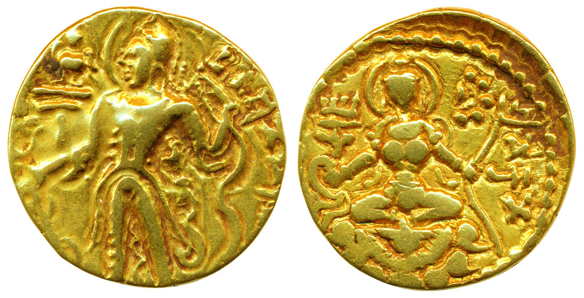 Rashtrakutas, Silver, 1.1 g, a portrait facing a Conch shell to right on obv, a seated bul