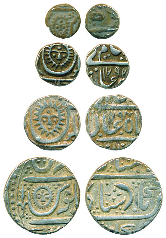 Silver (4), Set of 4 denominations: Rupee, ½ ,¼ and 1/8 Rupee, in the name of Shah Alam II