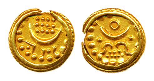 Bala Rama Varma II, Gold, 0.53 g, Anataraya Fanam, ND (1790-1860), KM 3.Ex-mount,coin fitt