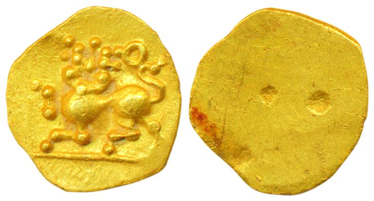 Hoysalas, Gold, 0.40 g, Fanam, a Garuda facing right and a lamp on obv, an ornate fish on 