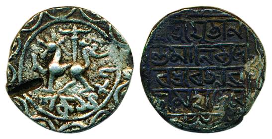 Ananta Manikya (1564-1567), Silver Tanka, lion to left, date below with outer border of cu