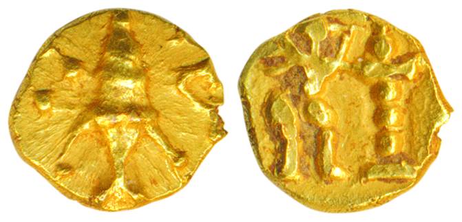 Hoysalas, Gold, 0.40 g, Fanam, a Garuda facing right and a lamp on obv, an ornate fish on 