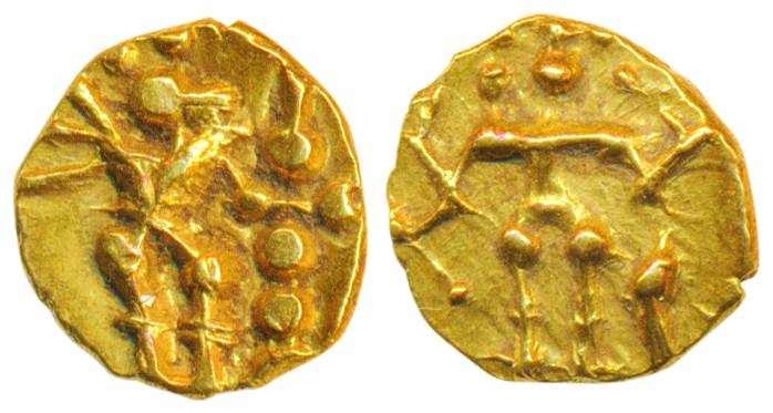 Hoysalas, Gold, 0.37 g, Fanam, a Garuda facing right and a lamp on obv, a king standing to