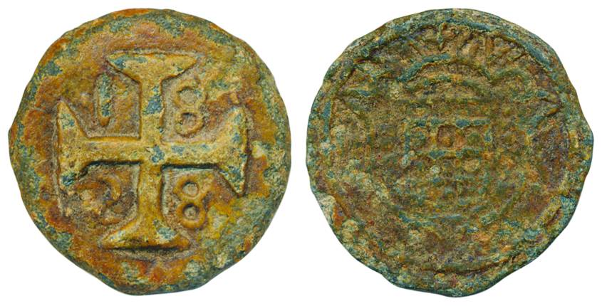 Diu, Tin, 20 Bazarucos, 1828, dated cross on obv, crowned arms on rev. Very Fine+ for the 