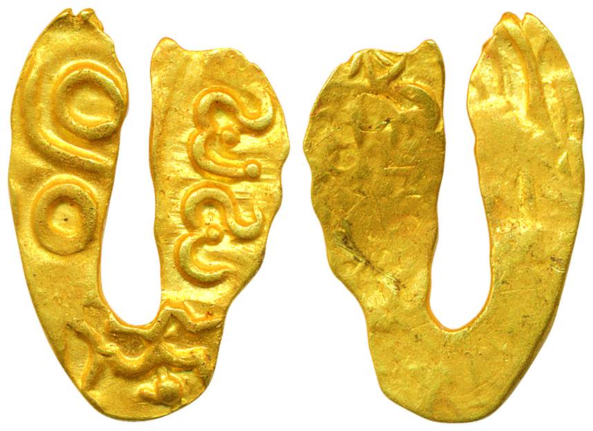 Shilaharas of Karad, (c. AD 1050-1212), Gold, 0.41 g,U-shaped Fanam, three punches on obv.