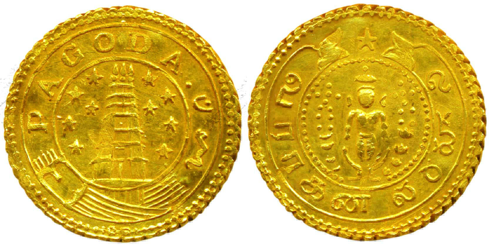 Gold, 2.82 g, 1 Pagoda, 1808 issue, value in English and Persian on buckled garter around 